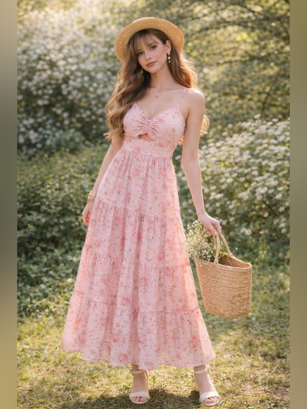 NWT Trixxi Pink Floral Tiered Maxi Dress Bow Bust Cutout S